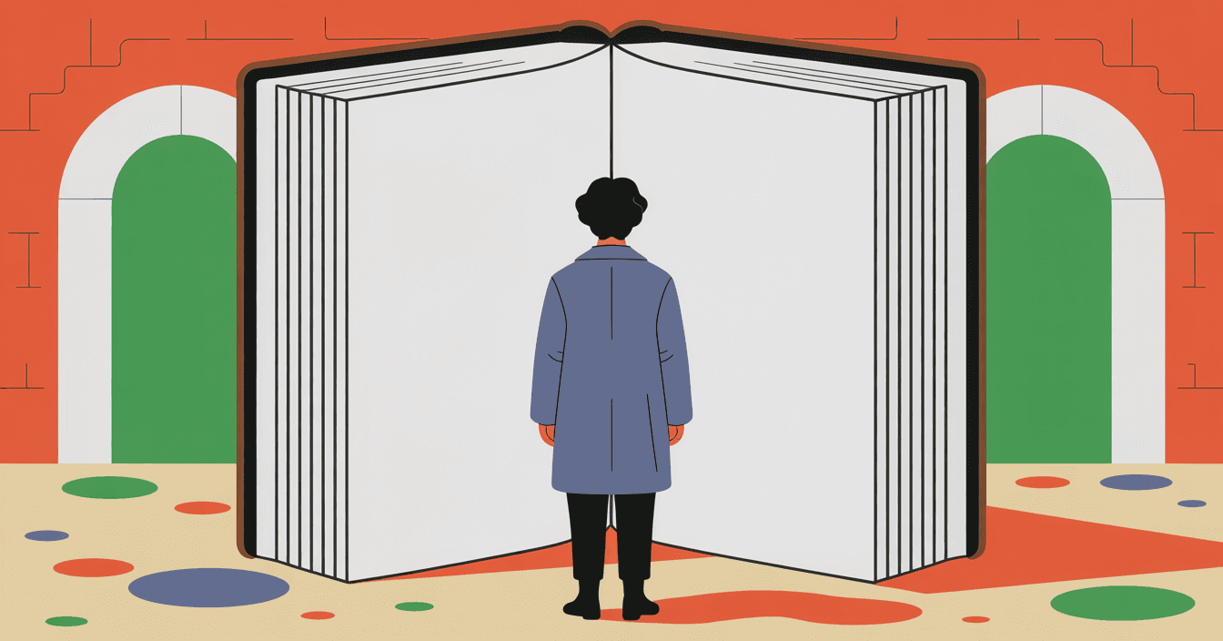 a person standing in front of a gigantic open book with empty pages the book is like a giant wall, and he is looking up. like the huge book is blocking his path