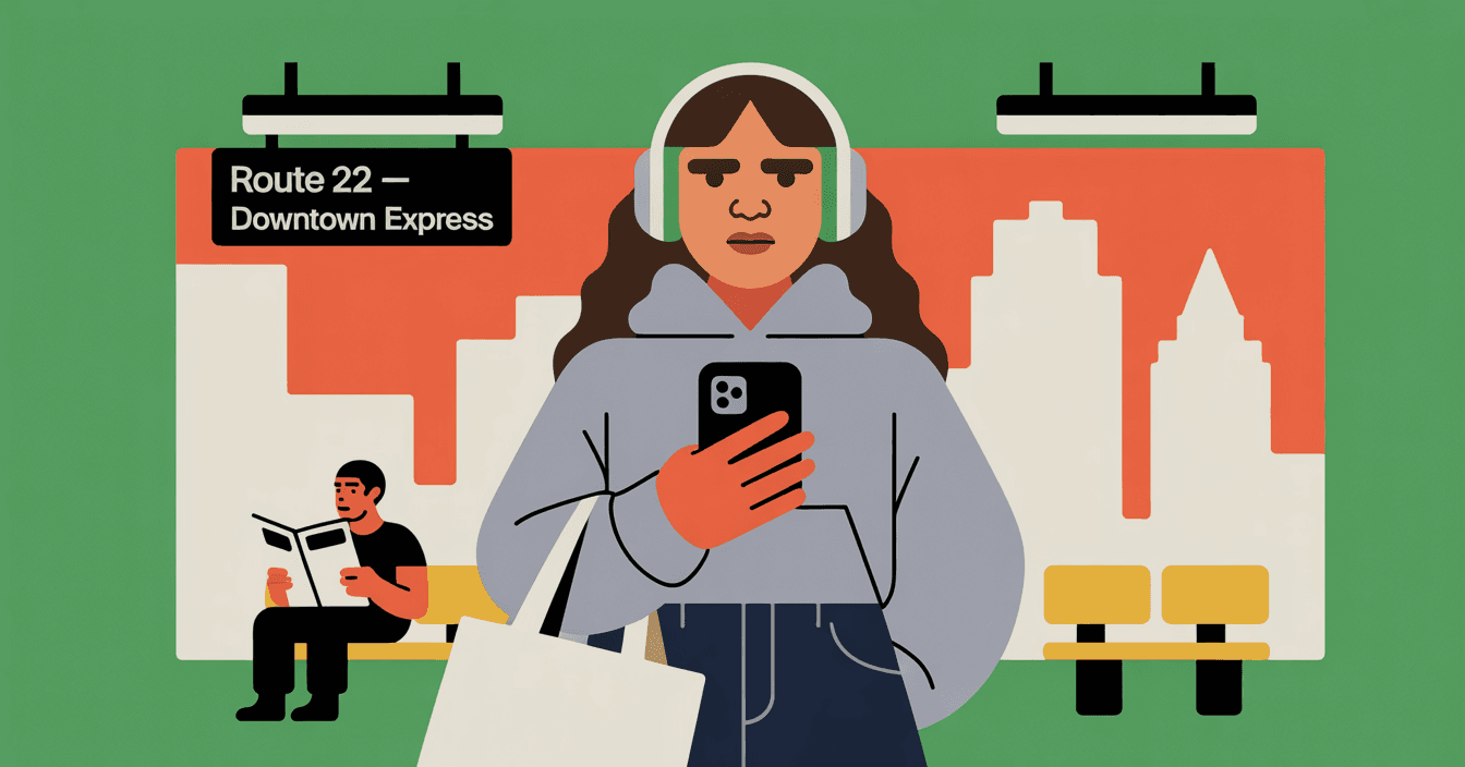 a young woman standing at a bus station listening to wired headphones